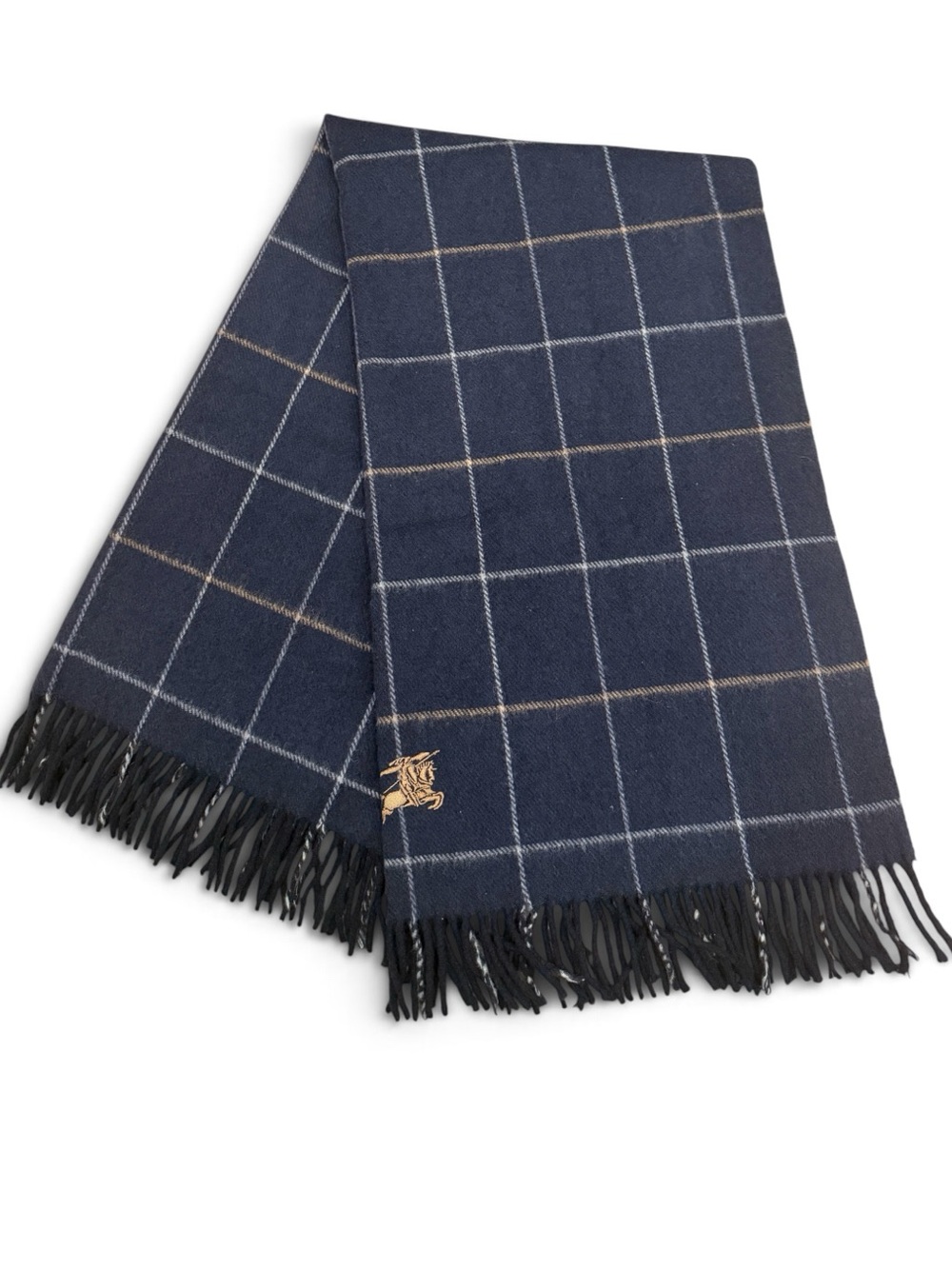 Burberry London Pure New Wool Scarf Navy Blue Grid Plaid Embroidered Knight